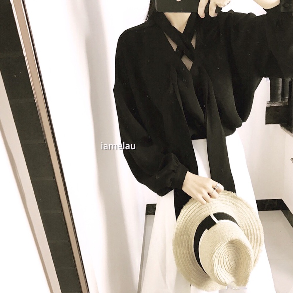 Designer Black Chiffon Blouse w/ Scarf-style Crossover Tie Neck & Puff Sleeves